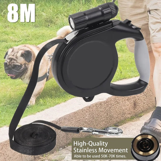 8M retractable dog leash with LED lights, perfect for powerful dogs up to 50 kg, ideal for safe and comfortable day or night walks. - Luxempirez