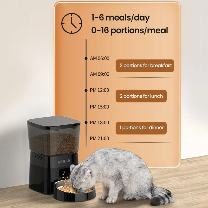 This sleek ROJECO automatic feeder brings a touch of high-tech luxury to your cat’s daily routine, ensuring perfectly timed meals even when you are away.