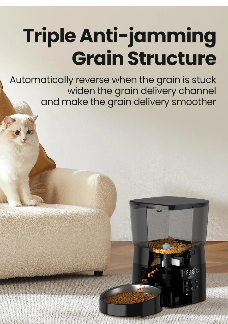 This sleek ROJECO automatic feeder brings a touch of high-tech luxury to your cat’s daily routine, ensuring perfectly timed meals even when you are away.
