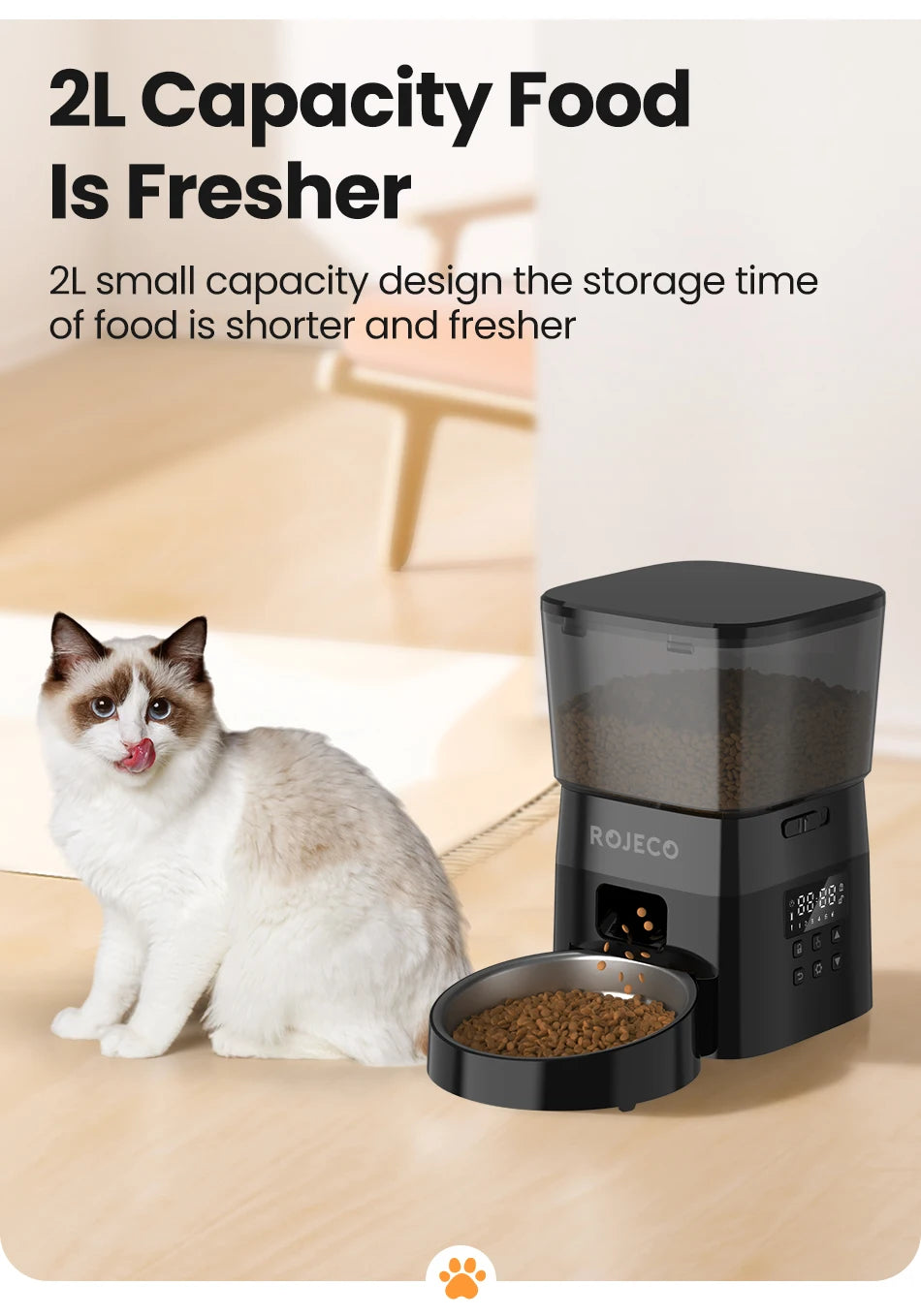 This sleek ROJECO automatic feeder brings a touch of high-tech luxury to your cat’s daily routine, ensuring perfectly timed meals even when you are away.