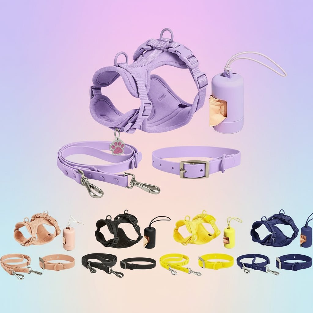 Add style to every walk with our colorful harness and accessories set! Designed for comfort and durability, each set includes a harness, leash, collar, and a handy dispenser for waste bags. Choose your favorite from a range of trendy colors. - Luxempirez
