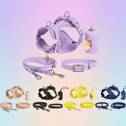 Add style to every walk with our colorful harness and accessories set! Designed for comfort and durability, each set includes a harness, leash, collar, and a handy dispenser for waste bags. Choose your favorite from a range of trendy colors. - Luxempirez