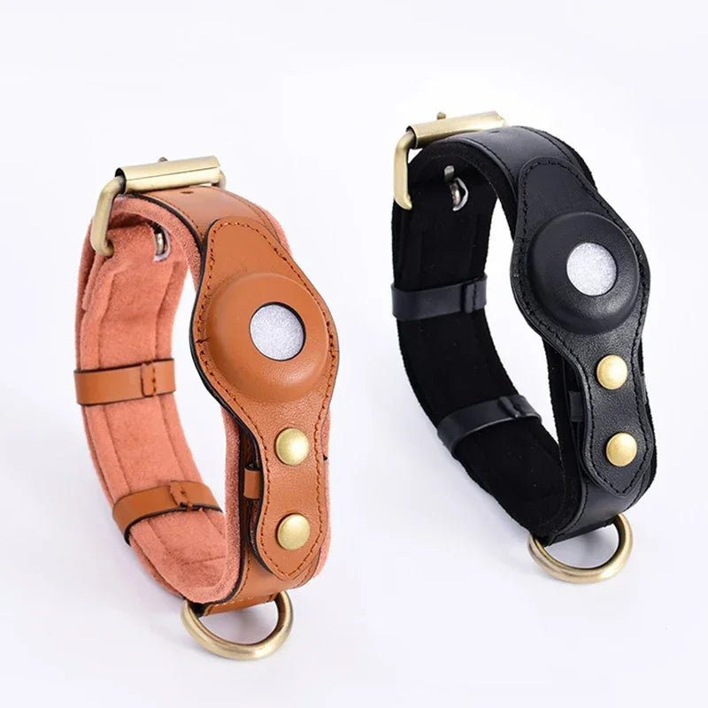 Airtag Holder Case Pet Dog Collar Leather Solid and Anti Loss Genuine Leather Airtag Heavy Duty Dog Collar - Luxempirez