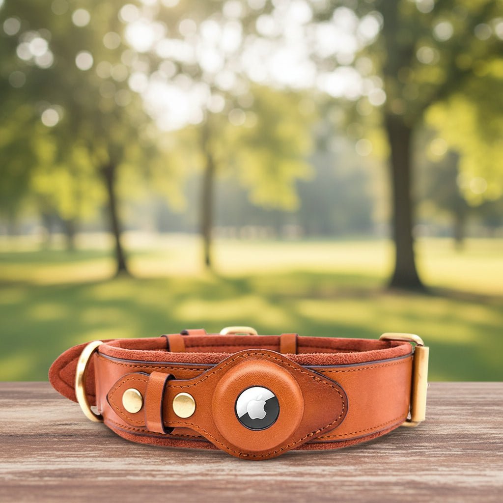 Airtag Holder Case Pet Dog Collar Leather Solid and Anti Loss Genuine Leather Airtag Heavy Duty Dog Collar - Luxempirez