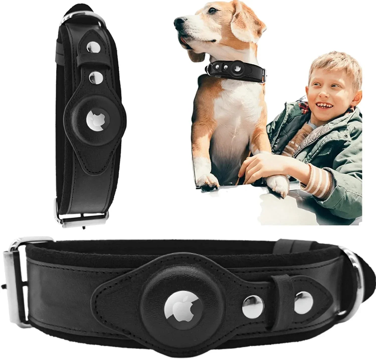 Airtag Holder Case Pet Dog Collar Leather Solid and Anti Loss Genuine Leather Airtag Heavy Duty Dog Collar - Luxempirez
