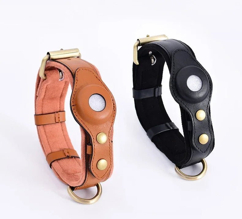 Airtag Holder Case Pet Dog Collar Leather Solid and Anti Loss Genuine Leather Airtag Heavy Duty Dog Collar - Luxempirez