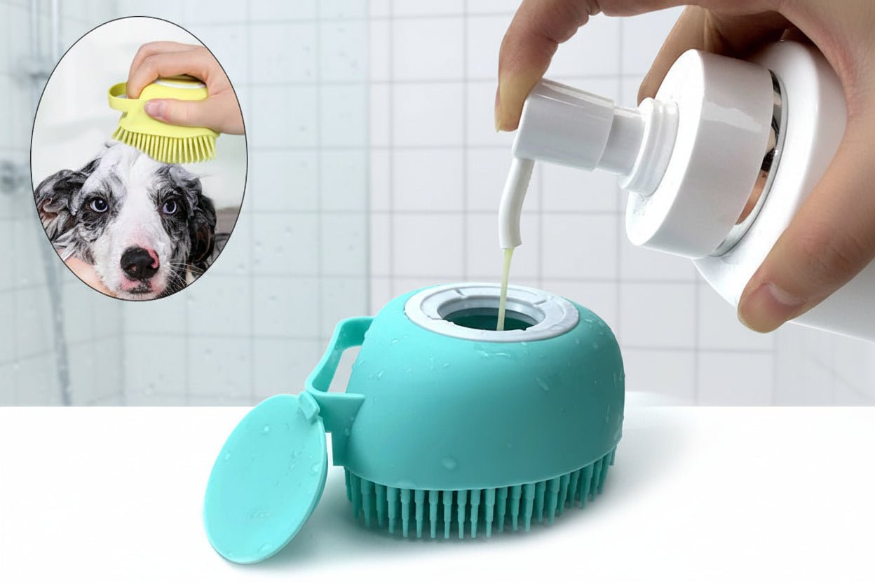 Bathroom Puppy Big Dog Cat Bath Massage Gloves Brush is a soft silicone grooming tool that makes bath time easier, safer and more relaxing for both dogs and cats. - Luxempirez