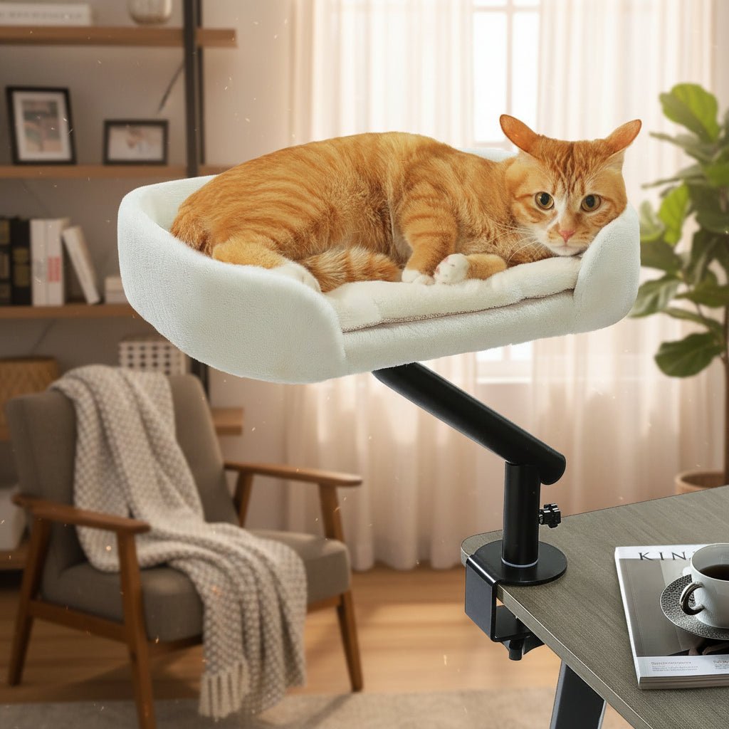 Cozy elevated cat bed that gives your kitty a private, plush spot to sleep right next to you while saving space on your desk or table. - Luxempirez