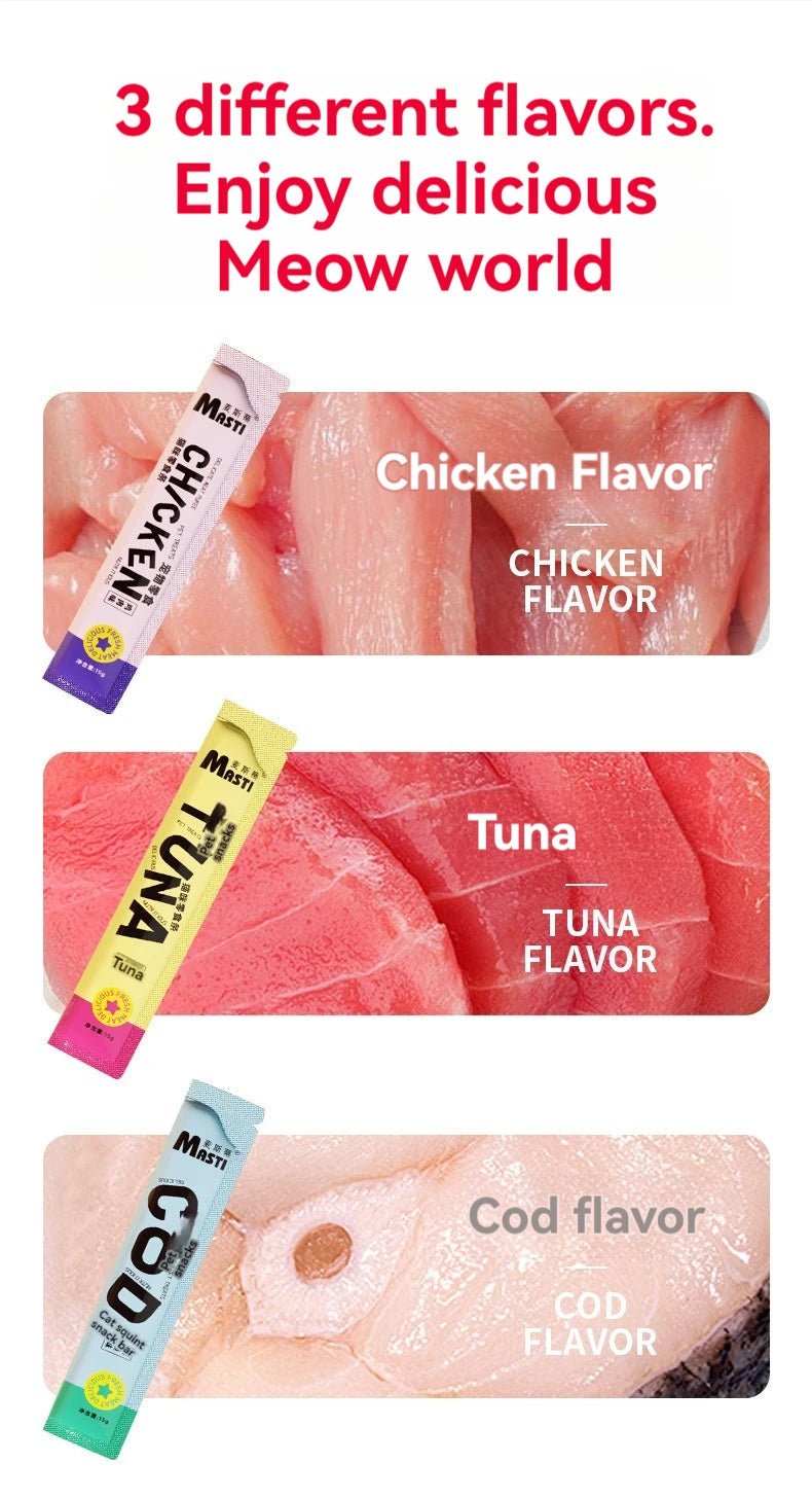Creamy liquid cat snack sticks made with real tuna, chicken and cod for irresistible taste. Soft, lickable texture is perfect for picky eaters and cats with sensitive teeth.Ideal as a daily treat, food topper or reward to strengthen the bond with your cat - Luxempirez