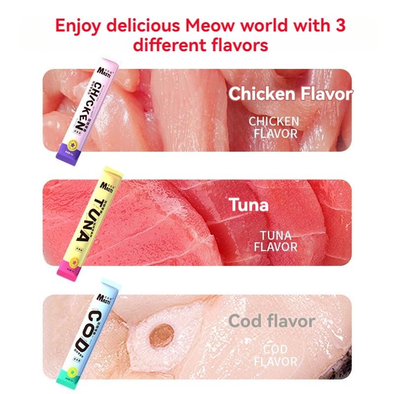 Creamy liquid cat snack sticks made with real tuna, chicken and cod for irresistible taste. Soft, lickable texture is perfect for picky eaters and cats with sensitive teeth.Ideal as a daily treat, food topper or reward to strengthen the bond with your cat - Luxempirez