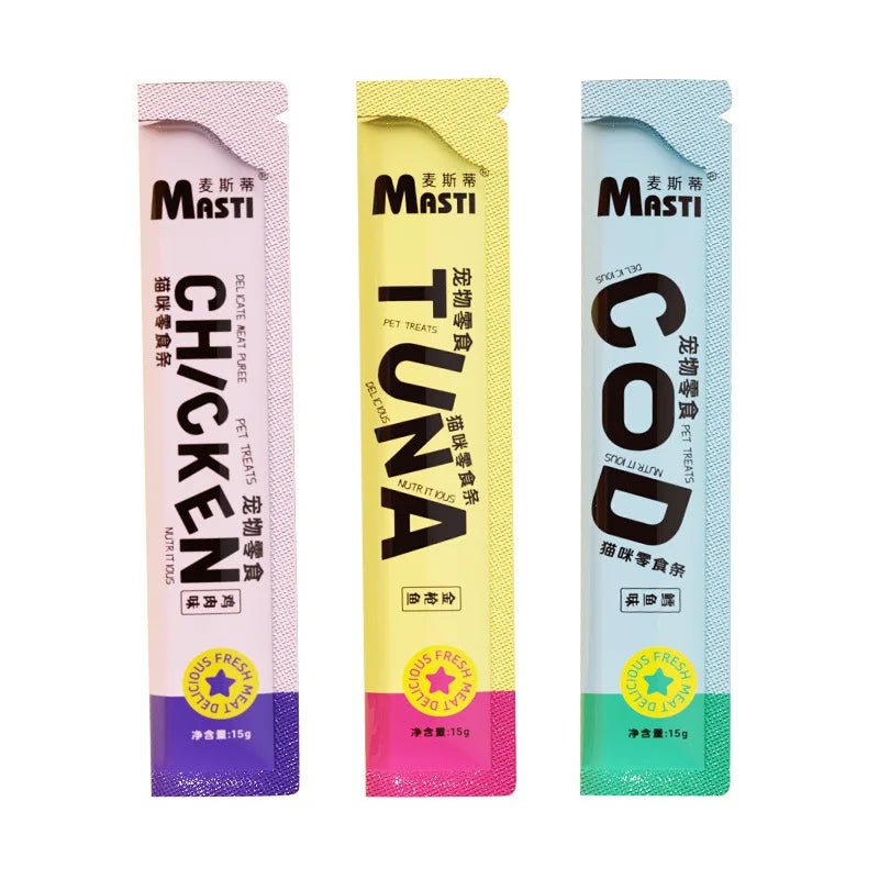 Creamy liquid cat snack sticks made with real tuna, chicken and cod for irresistible taste. Soft, lickable texture is perfect for picky eaters and cats with sensitive teeth.Ideal as a daily treat, food topper or reward to strengthen the bond with your cat - Luxempirez