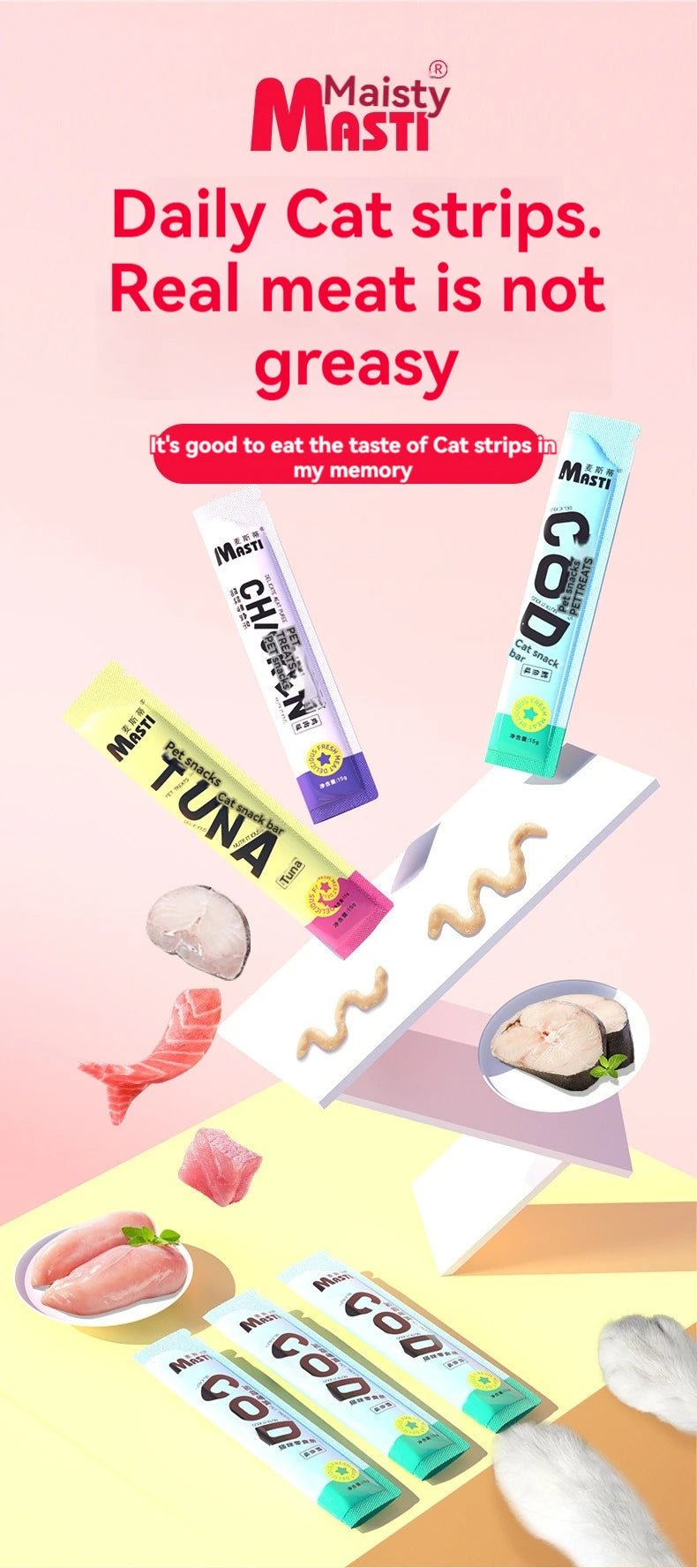 Creamy liquid cat snack sticks made with real tuna, chicken and cod for irresistible taste. Soft, lickable texture is perfect for picky eaters and cats with sensitive teeth.Ideal as a daily treat, food topper or reward to strengthen the bond with your cat - Luxempirez