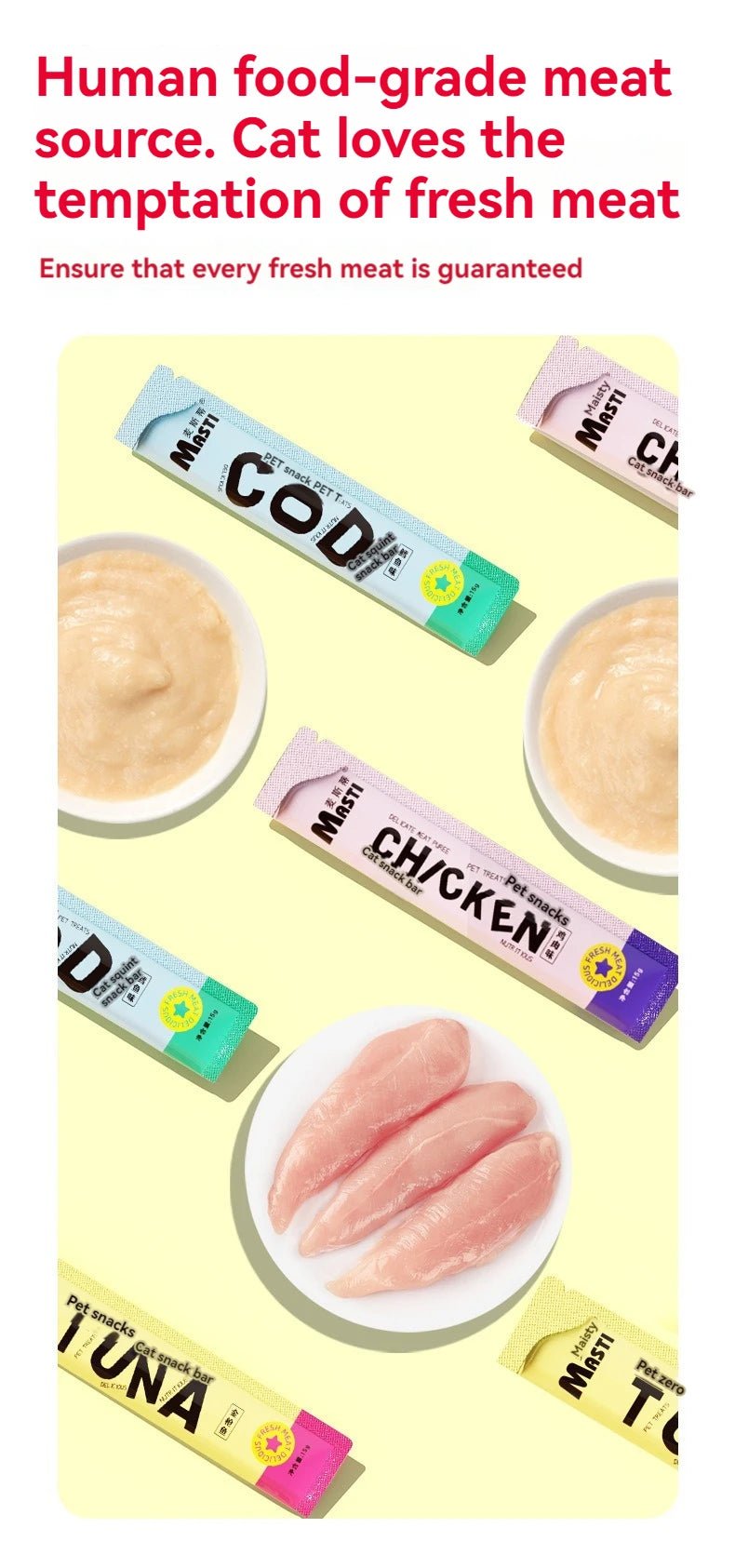 Creamy liquid cat snack sticks made with real tuna, chicken and cod for irresistible taste. Soft, lickable texture is perfect for picky eaters and cats with sensitive teeth.Ideal as a daily treat, food topper or reward to strengthen the bond with your cat - Luxempirez