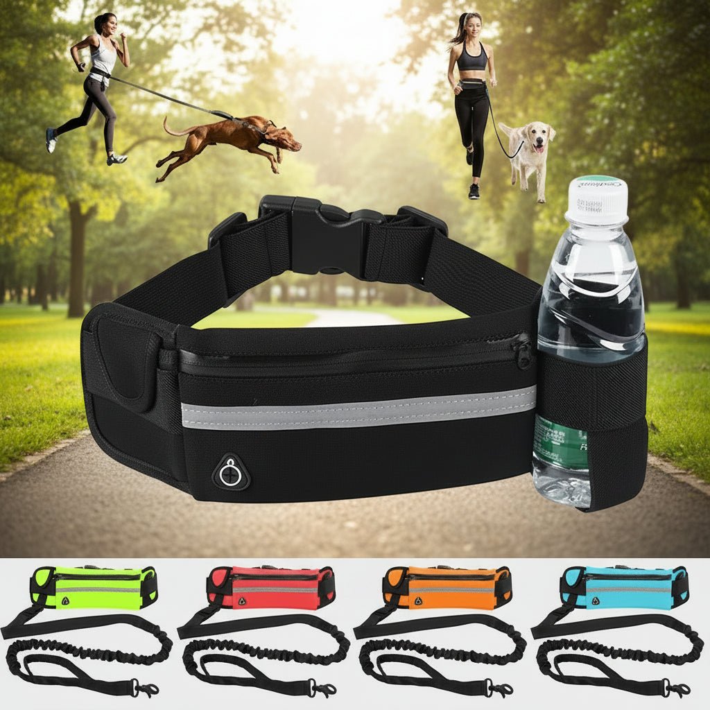 Enjoy hands‑free runs and walks with this adjustable waist leash set, featuring a durable nylon belt, shock‑absorbing bungee leash and secure metal clips. - Luxempirez