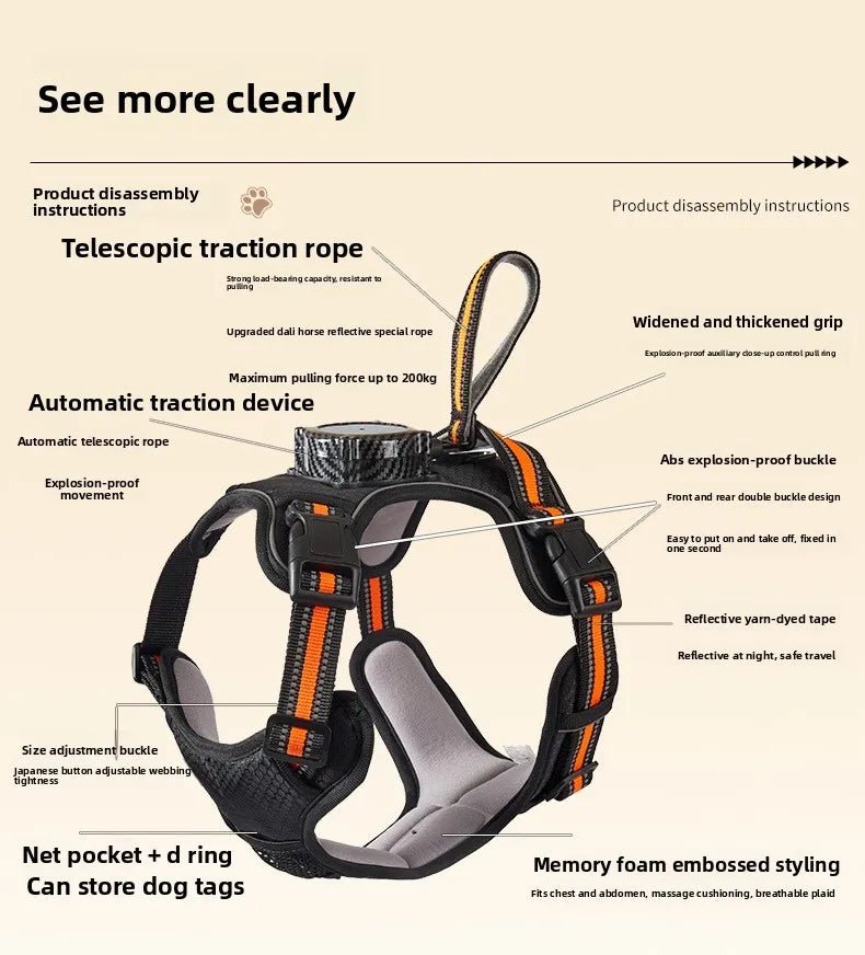 Explosion‑proof no‑pull harness with integrated retractable leash for safe, hands‑free control and maximum comfort during every walk or run. - Luxempirez