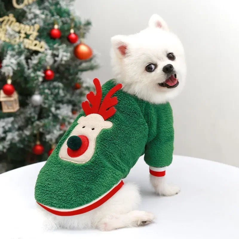 Festive green reindeer sweater to keep your dog cozy and extra cute for Christmas walks, parties, and photos., Soft, lightweight fabric is gentle on the skin and perfect for small dogs who need a bit of extra warmth in winter. - Luxempirez