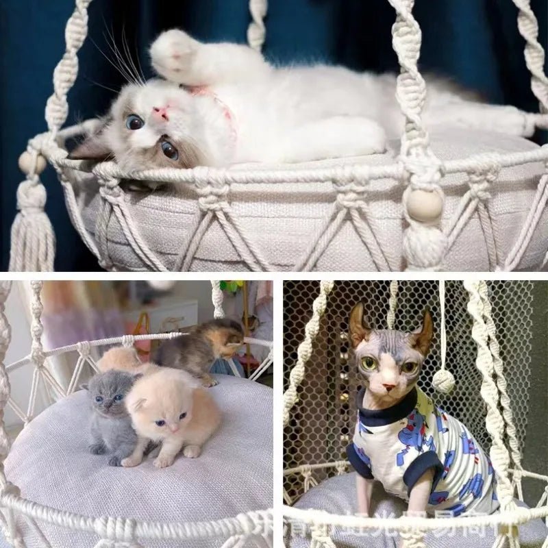Give your feline a sanctuary in the sky with this hand‑woven luxury cat hammock, designed to float elegantly in your home like a piece of boho décor. The soft, suspended nest cradles your cat in complete comfort, while the exquisite macramé detailing. - Luxempirez