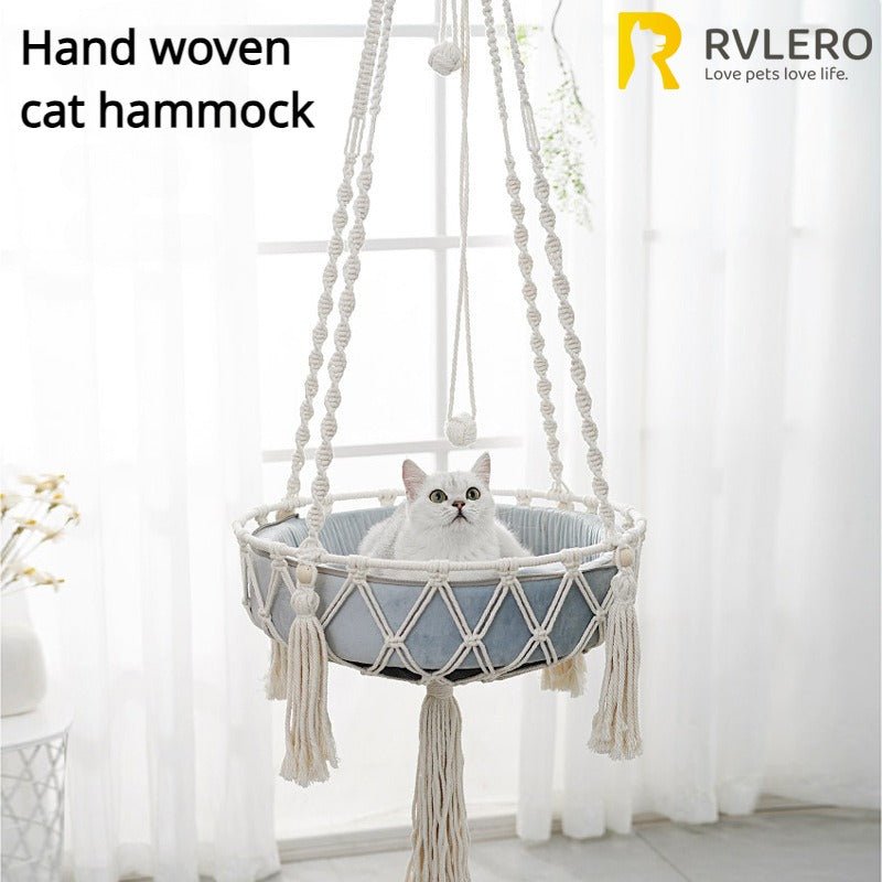 Give your feline a sanctuary in the sky with this hand‑woven luxury cat hammock, designed to float elegantly in your home like a piece of boho décor. The soft, suspended nest cradles your cat in complete comfort, while the exquisite macramé detailing. - Luxempirez