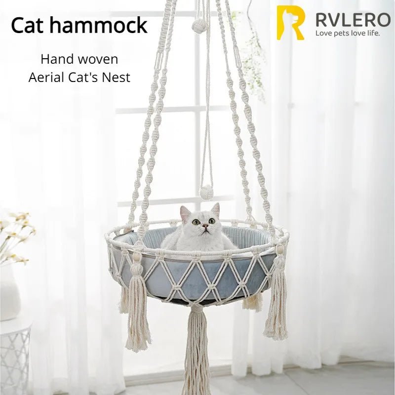 Give your feline a sanctuary in the sky with this hand‑woven luxury cat hammock, designed to float elegantly in your home like a piece of boho décor. The soft, suspended nest cradles your cat in complete comfort, while the exquisite macramé detailing. - Luxempirez