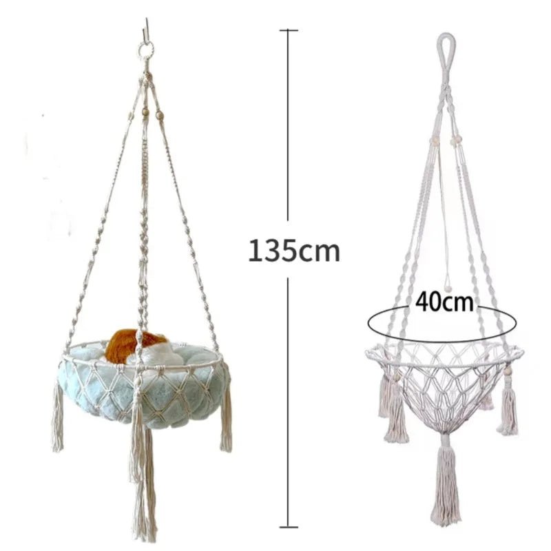 Give your feline a sanctuary in the sky with this hand‑woven luxury cat hammock, designed to float elegantly in your home like a piece of boho décor. The soft, suspended nest cradles your cat in complete comfort, while the exquisite macramé detailing. - Luxempirez