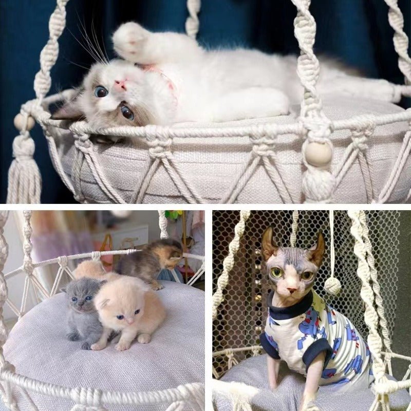 Give your feline a sanctuary in the sky with this hand‑woven luxury cat hammock, designed to float elegantly in your home like a piece of boho décor. The soft, suspended nest cradles your cat in complete comfort, while the exquisite macramé detailing. - Luxempirez