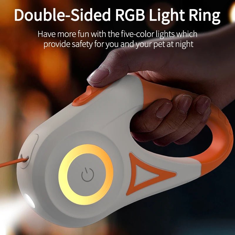 Give your pet walks a modern upgrade with this Double - Sided RGB Light Ring Leash! This stylish retractable leash features five - color LED lights for added visibility and safety during night walks. Enjoy both fun and peace of mind - Luxempirez