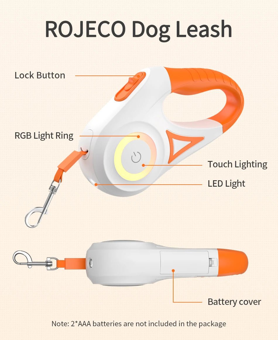 Give your pet walks a modern upgrade with this Double - Sided RGB Light Ring Leash! This stylish retractable leash features five - color LED lights for added visibility and safety during night walks. Enjoy both fun and peace of mind - Luxempirez