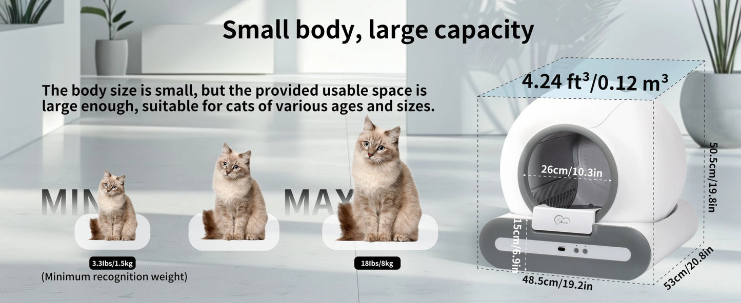 Keep it short and punchy, here is a ready - to - use text in English:Make litter box duty effortless with our smart self - cleaning cat litter box. Featuring app control and real - time health monitoring, it automatically cleans after each use. - Luxempirez