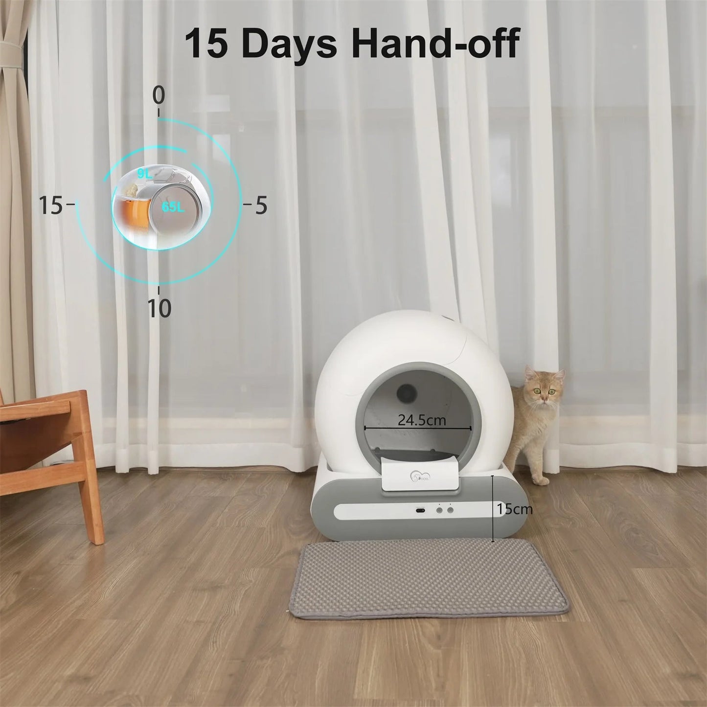 Keep it short and punchy, here is a ready - to - use text in English:Make litter box duty effortless with our smart self - cleaning cat litter box. Featuring app control and real - time health monitoring, it automatically cleans after each use. - Luxempirez