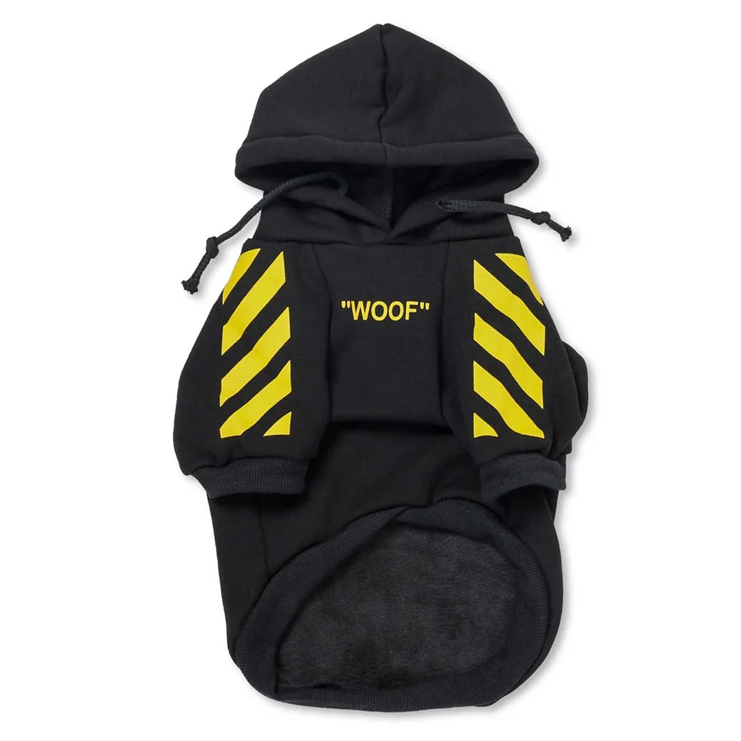 Let your dog make a statement in this luxurious black hoodie, adorned with intricate floral motifs and bold design accents front and back. The high - quality fabric ensures lasting comfort and warmth, while the unique aesthetic featuring "WOOF". - Luxempirez