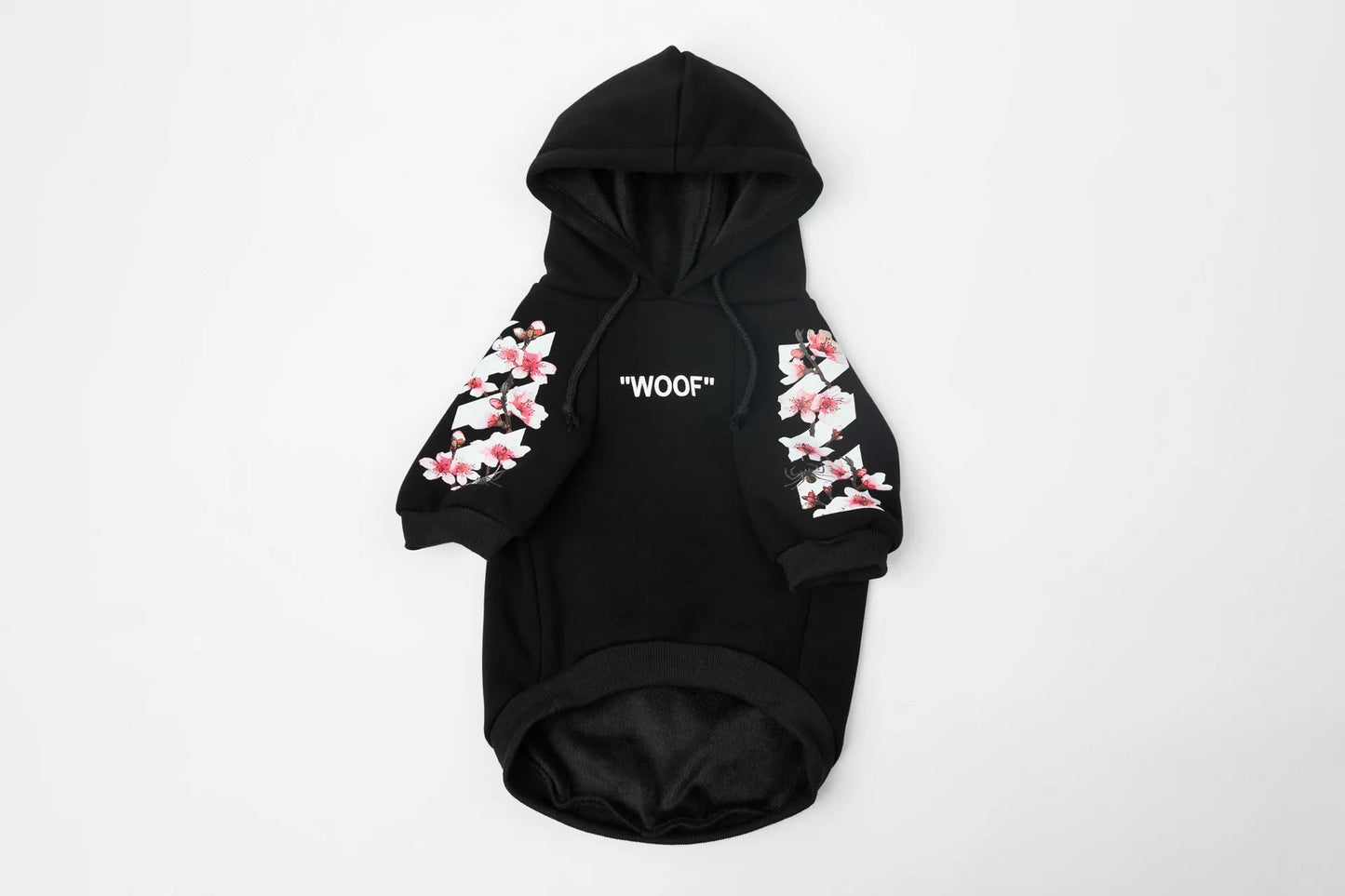 Let your dog make a statement in this luxurious black hoodie, adorned with intricate floral motifs and bold design accents front and back. The high - quality fabric ensures lasting comfort and warmth, while the unique aesthetic featuring "WOOF". - Luxempirez