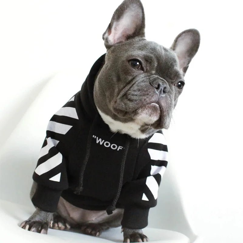 Let your dog make a statement in this luxurious black hoodie, adorned with intricate floral motifs and bold design accents front and back. The high - quality fabric ensures lasting comfort and warmth, while the unique aesthetic featuring "WOOF". - Luxempirez