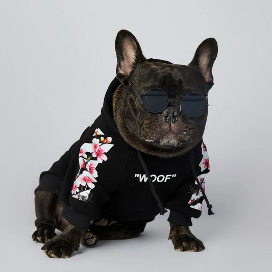 Let your dog make a statement in this luxurious black hoodie, adorned with intricate floral motifs and bold design accents front and back. The high - quality fabric ensures lasting comfort and warmth, while the unique aesthetic featuring "WOOF". - Luxempirez