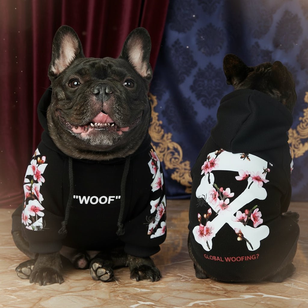 Let your dog make a statement in this luxurious black hoodie, adorned with intricate floral motifs and bold design accents front and back. The high - quality fabric ensures lasting comfort and warmth, while the unique aesthetic featuring "WOOF". - Luxempirez