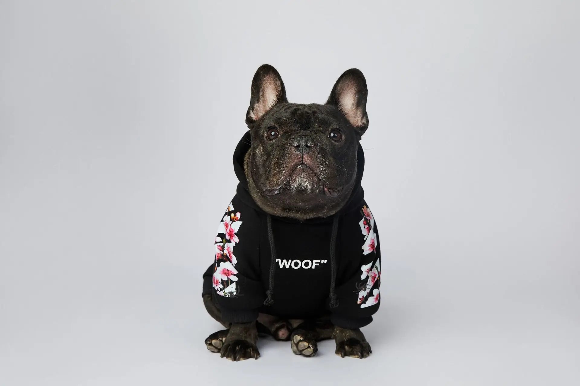 Let your dog make a statement in this luxurious black hoodie, adorned with intricate floral motifs and bold design accents front and back. The high - quality fabric ensures lasting comfort and warmth, while the unique aesthetic featuring "WOOF". - Luxempirez