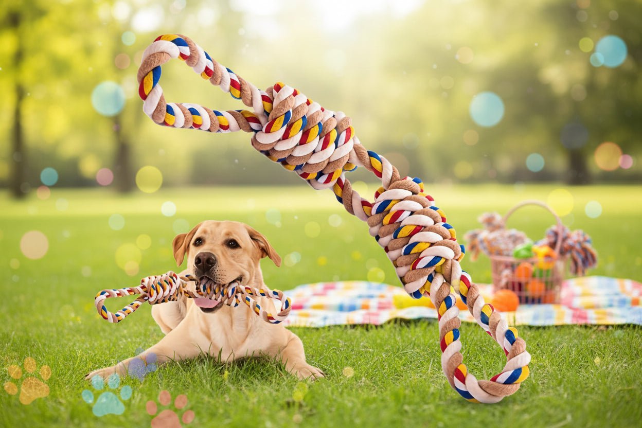 Made from 100% natural cotton, this heavy‑duty rope toy stands up to aggressive chewers while cleaning teeth and reducing plaque naturally. Ideal for interactive tug games, solo fidgeting, or fetch, it keeps your dog entertained and supports healthy gums - Luxempirez