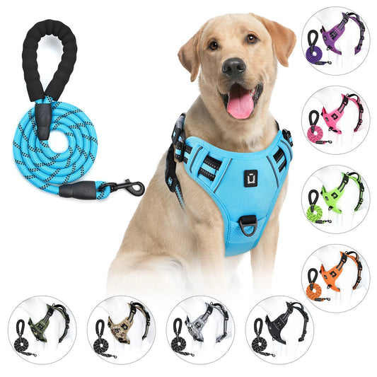 Reflective dog harness and leash set designed to keep dogs safe, comfortable, and under control during daily walks. - Luxempirez