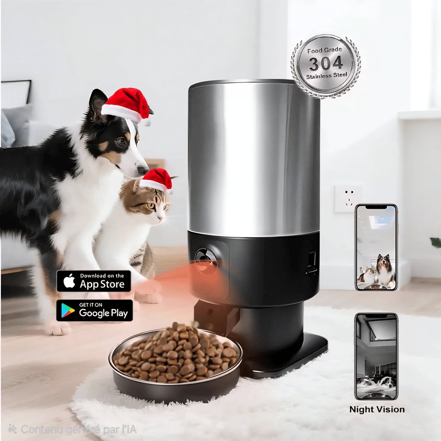 Mangeoire intelligente WiFi pour animaux de compagnie avec caméra intégrée pour que vous puissiez regarder, parler et nourrir votre chat ou votre chien à tout moment depuis votre téléphone. Le réservoir en acier inoxydable 304 de qualité alimentaire garde les croquettes fraîches et hygiéniques, tandis que la vision nocturne vous permet de vérifier clairement vos animaux de compagnie. - Luxempirez