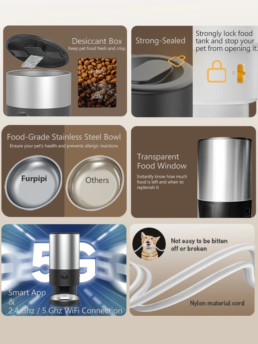 Mangeoire intelligente WiFi pour animaux de compagnie avec caméra intégrée pour que vous puissiez regarder, parler et nourrir votre chat ou votre chien à tout moment depuis votre téléphone. Le réservoir en acier inoxydable 304 de qualité alimentaire garde les croquettes fraîches et hygiéniques, tandis que la vision nocturne vous permet de vérifier clairement vos animaux de compagnie. - Luxempirez