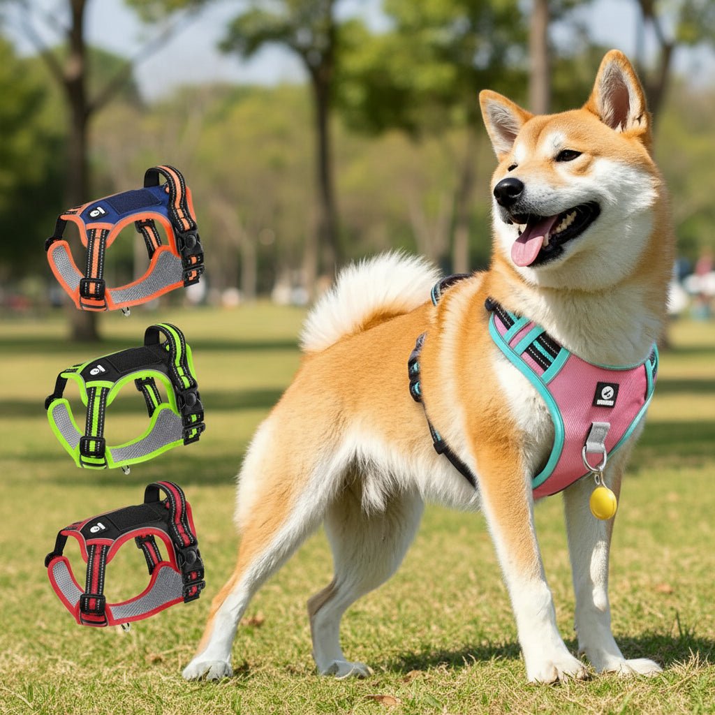 The harness features soft, breathable padding and adjustable straps to give your dog a custom, all - day - comfort fit. Reflective details improve visibility at night, while strong front and back leash clips help reduce pulling and give you better control. - Luxempirez
