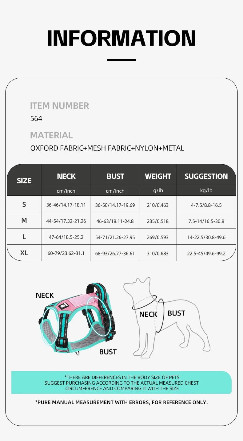The harness features soft, breathable padding and adjustable straps to give your dog a custom, all - day - comfort fit. Reflective details improve visibility at night, while strong front and back leash clips help reduce pulling and give you better control. - Luxempirez