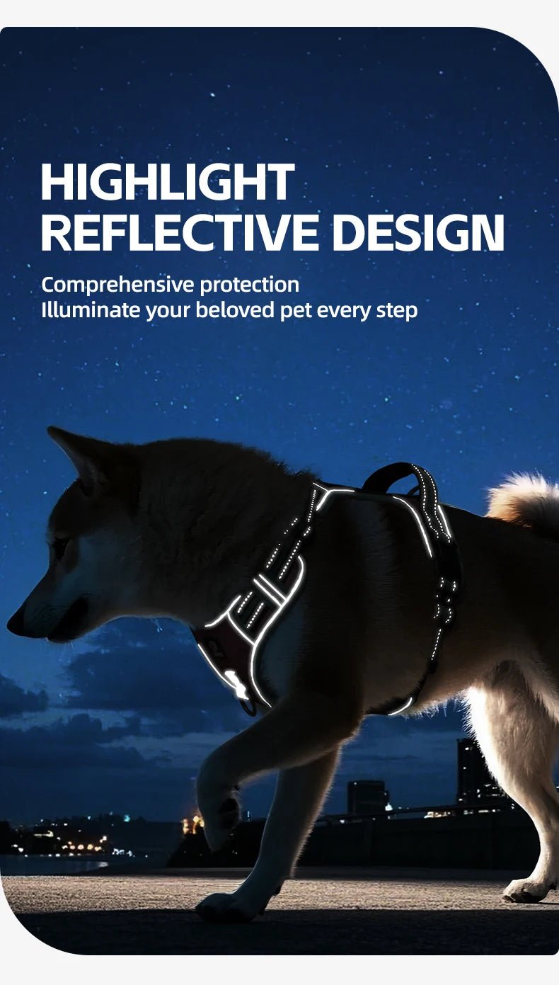 The harness features soft, breathable padding and adjustable straps to give your dog a custom, all - day - comfort fit. Reflective details improve visibility at night, while strong front and back leash clips help reduce pulling and give you better control. - Luxempirez