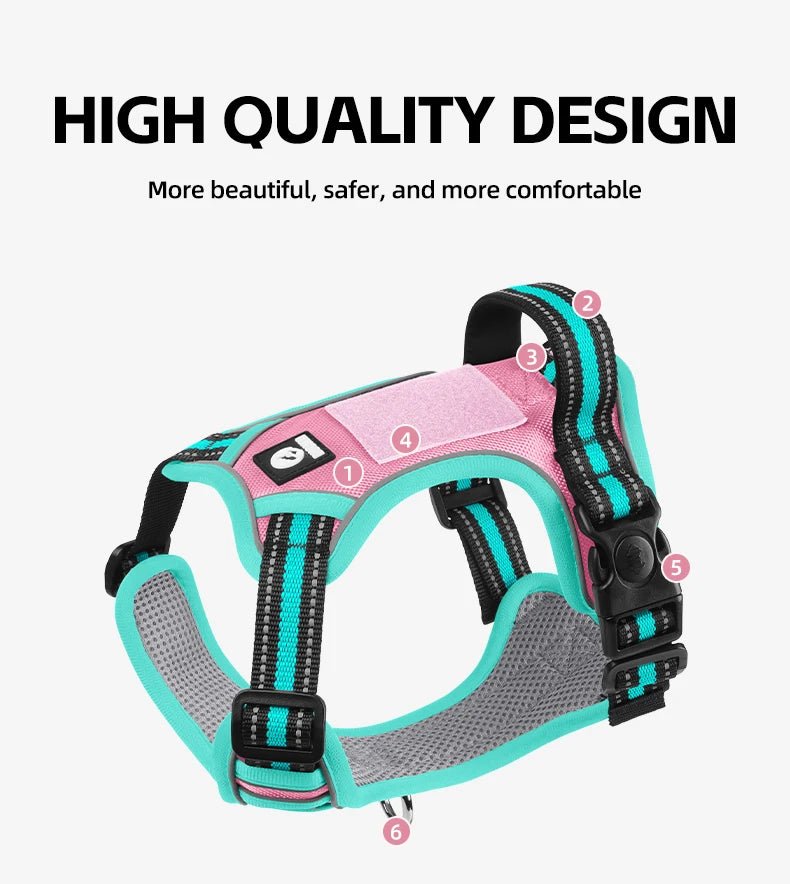 The harness features soft, breathable padding and adjustable straps to give your dog a custom, all - day - comfort fit. Reflective details improve visibility at night, while strong front and back leash clips help reduce pulling and give you better control. - Luxempirez