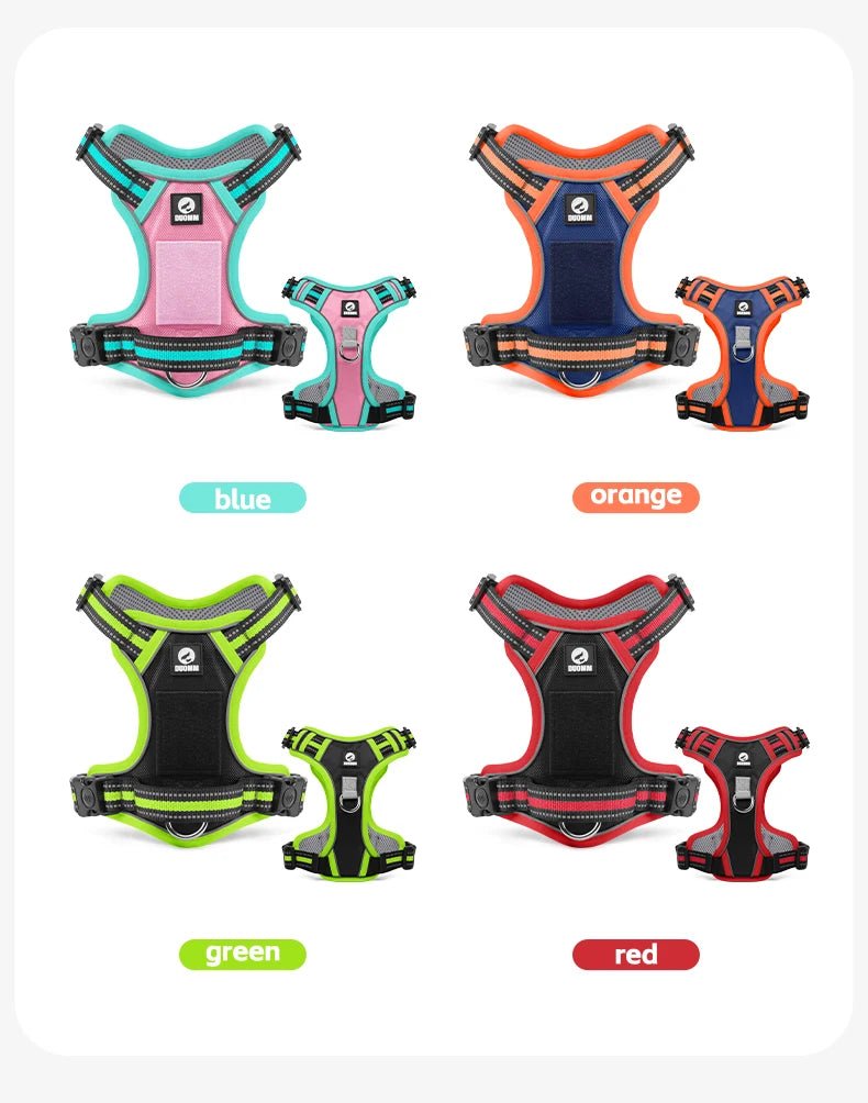 The harness features soft, breathable padding and adjustable straps to give your dog a custom, all - day - comfort fit. Reflective details improve visibility at night, while strong front and back leash clips help reduce pulling and give you better control. - Luxempirez