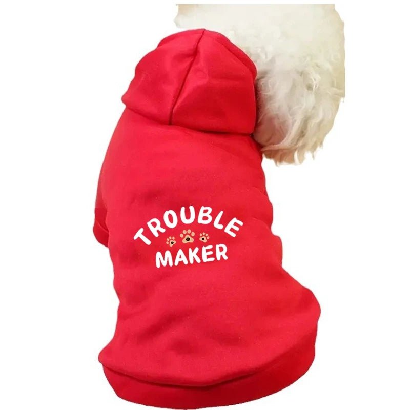 This adorable "Trouble Maker" dog hoodie is perfect for playful pups who love to stand out! Made from soft, comfortable fabric in a cute pink color, this stylish sweatshirt keeps your furry friend warm and cozy while adding a touch of humor to every walk. - Luxempirez