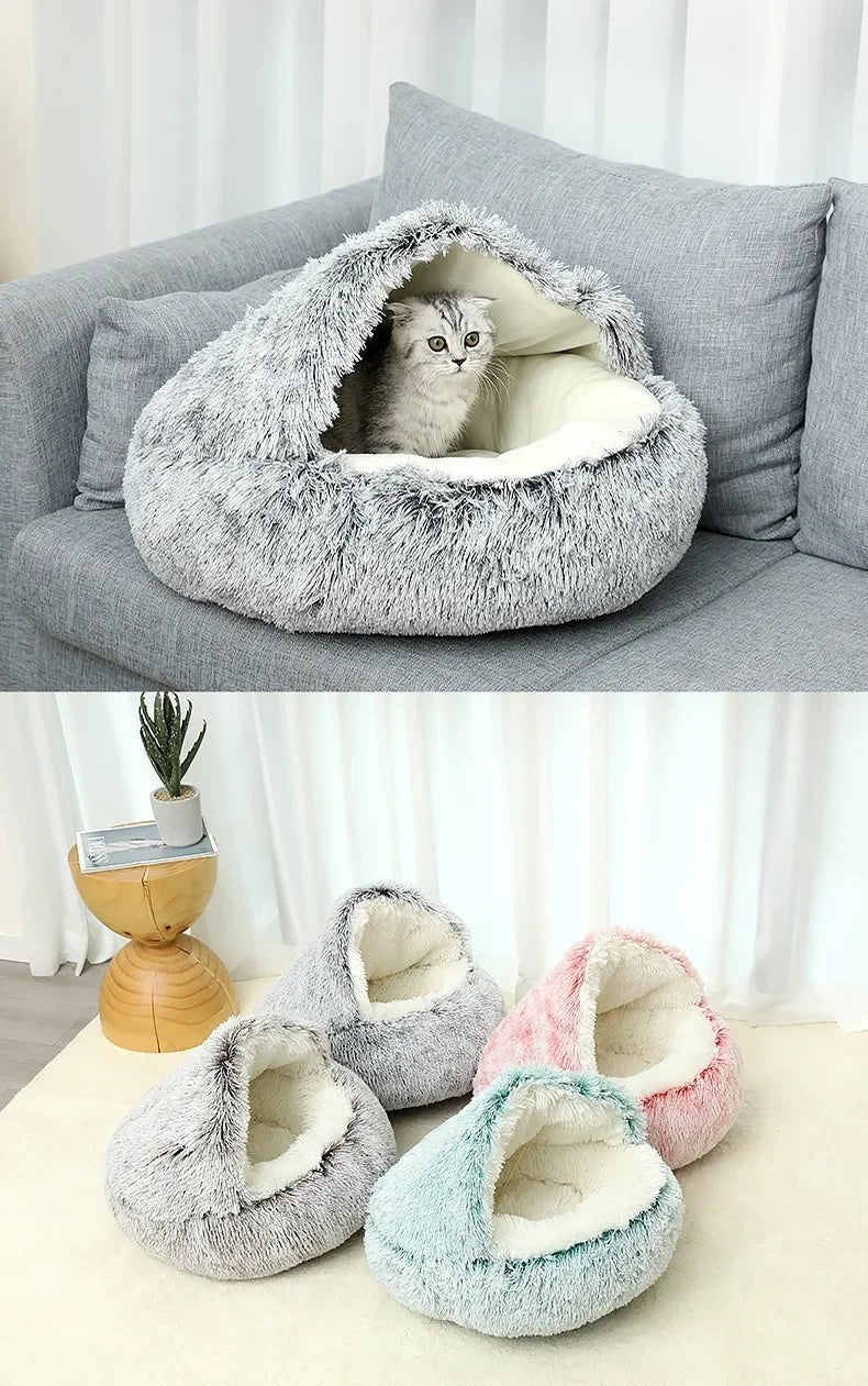 This product is a cozy winter cat cave/bed, so the text should focus on warmth, comfort, security and 2‑in‑1 design for cats and small dogs. - Luxempirez