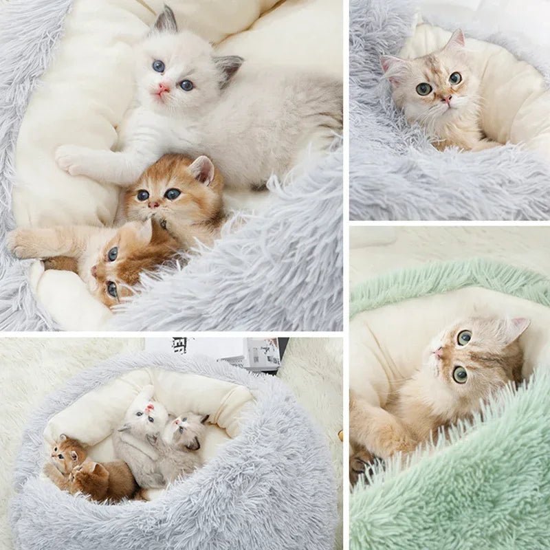 This product is a cozy winter cat cave/bed, so the text should focus on warmth, comfort, security and 2‑in‑1 design for cats and small dogs. - Luxempirez