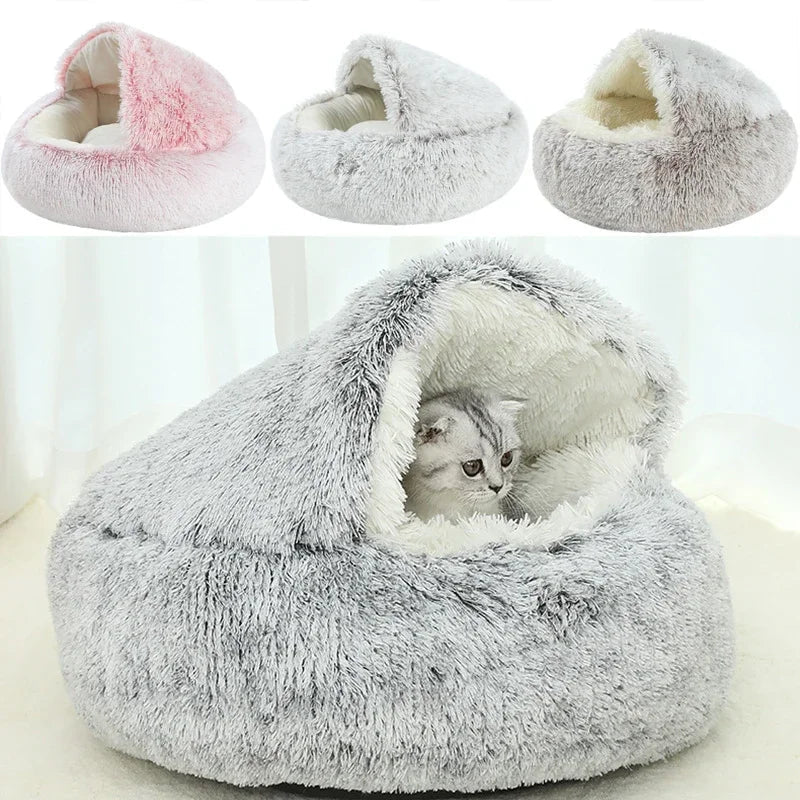This product is a cozy winter cat cave/bed, so the text should focus on warmth, comfort, security and 2‑in‑1 design for cats and small dogs. - Luxempirez