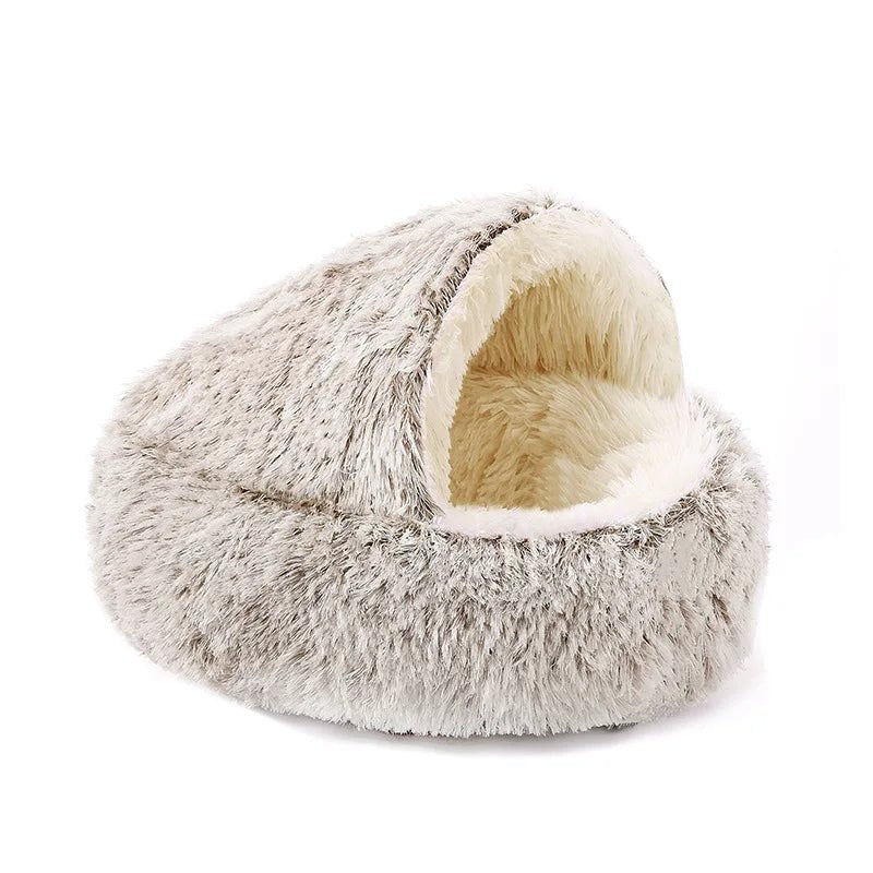 This product is a cozy winter cat cave/bed, so the text should focus on warmth, comfort, security and 2‑in‑1 design for cats and small dogs. - Luxempirez