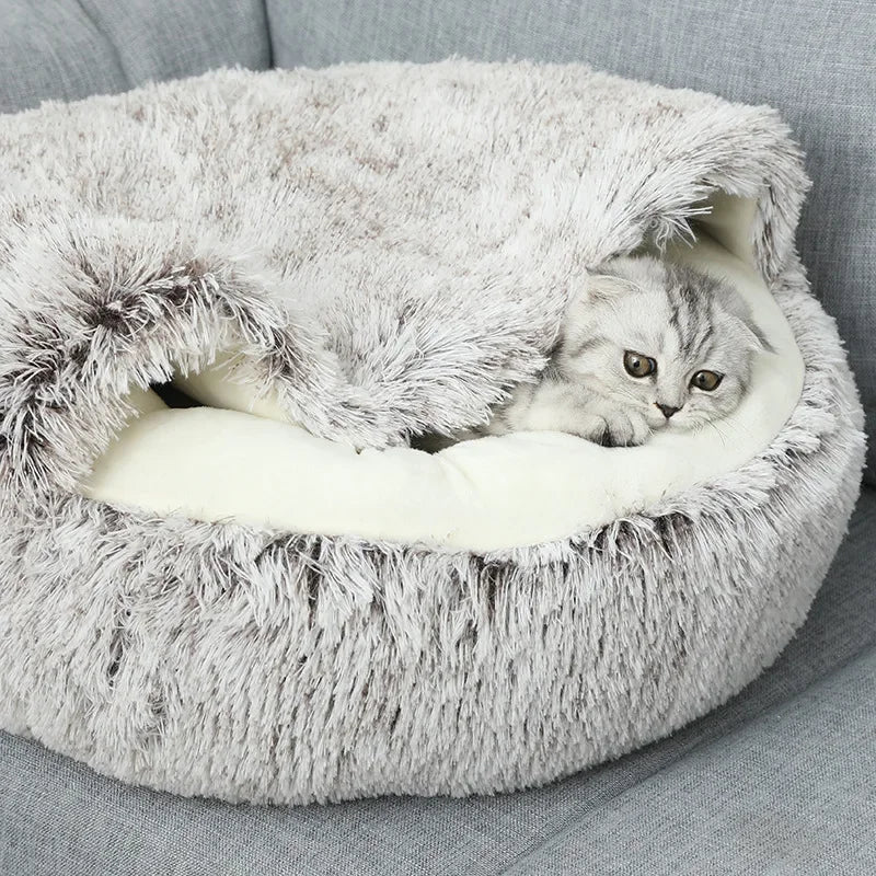 This product is a cozy winter cat cave/bed, so the text should focus on warmth, comfort, security and 2‑in‑1 design for cats and small dogs. - Luxempirez